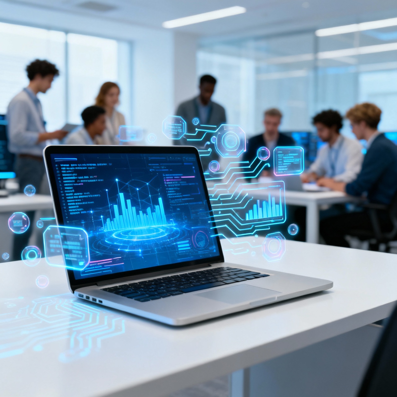 Modern Software Development Office with Data Analytics Dashboard